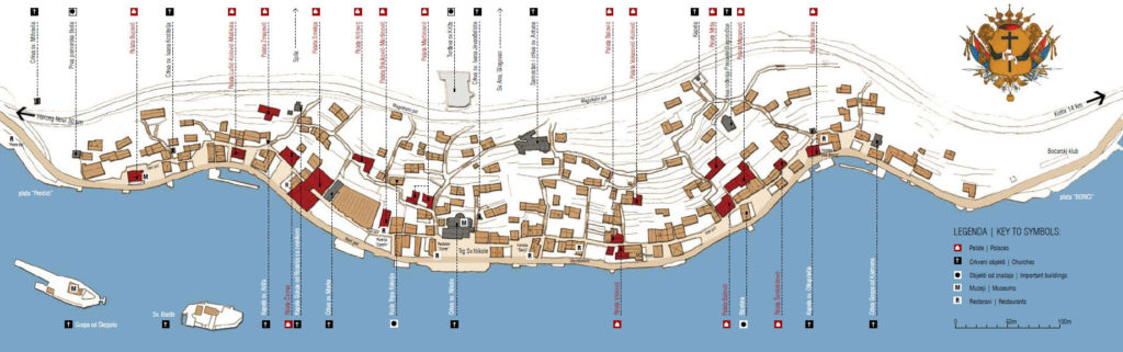 Mapa de los edificios históricos e iglesias de Perast